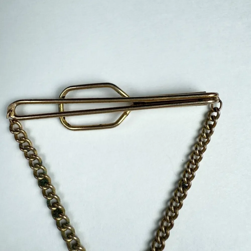 Vintage Campua Gold-Tone Tie Clip with Scenic Inlay Pendant Chain